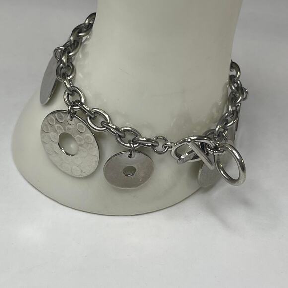 Cookie Lee signed bracelet chunky chain link disk dangle charms gray boho - Picture 2 of 8